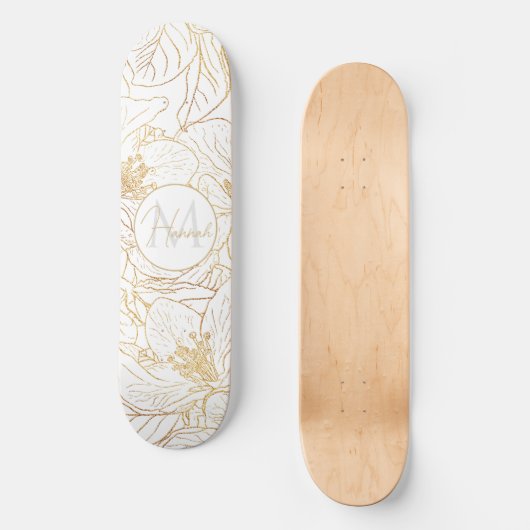 Elegante gouden kersenbloesem bloemen wit ontwerp persoonlijk skateboard (Voorkant)