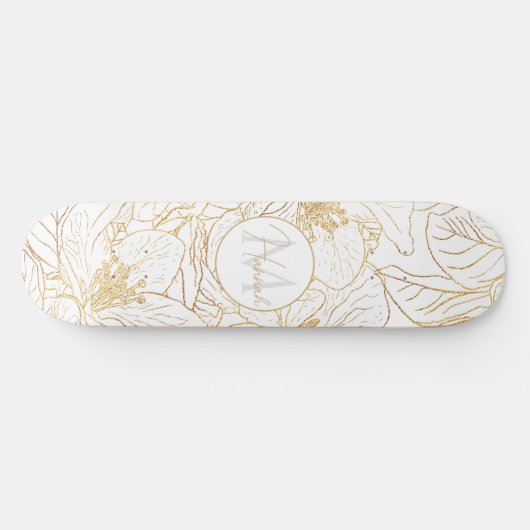 Elegante gouden kersenbloesem bloemen wit ontwerp persoonlijk skateboard (Horizontaal)