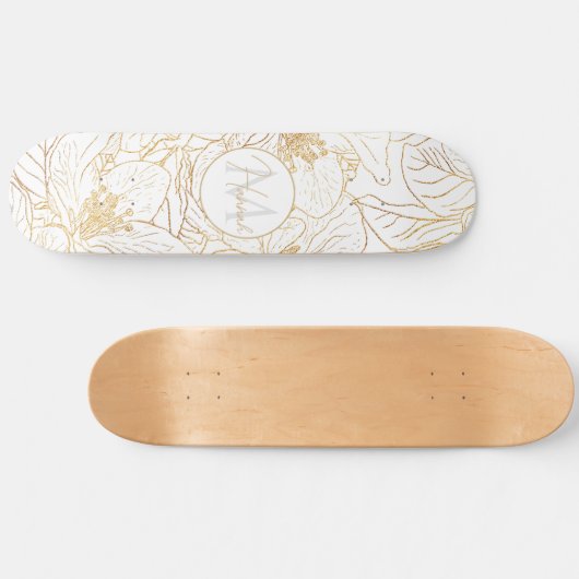 Elegante gouden kersenbloesem bloemen wit ontwerp persoonlijk skateboard (Horizontaal)