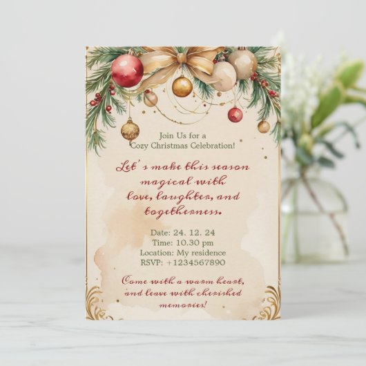 Elegante gouden kerst uitnodiging met uitnodiging (Staand voorkant)