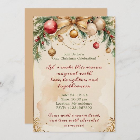 Elegante gouden kerst uitnodiging met uitnodiging (Voorkant / Achterkant)