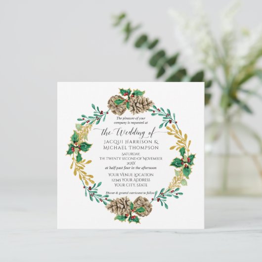 Elegante Gouden Kerst Waterverf Pine Cone Krans Kaart (Staand voorkant)