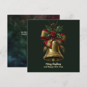 Elegante gouden kerstbel met feestelijke Bow Holly Bedankkaart (Voorkant / Achterkant)