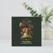 Elegante gouden kerstbel met feestelijke Bow Holly Bedankkaart (Staand voorkant)
