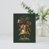 Elegante gouden kerstbel met feestelijke Bow Holly Briefkaart (Staand voorkant)