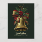 Elegante gouden kerstbel met feestelijke Bow Holly Briefkaart (Voorkant)