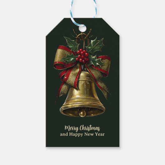 Elegante gouden kerstbel met feestelijke Bow Holly Cadeaulabel (Voorkant)