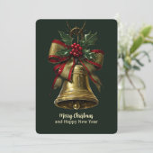 Elegante gouden kerstbel met feestelijke Bow Holly Feestdagenkaart (Staand voorkant)