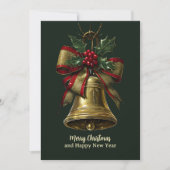 Elegante gouden kerstbel met feestelijke Bow Holly Feestdagenkaart (Voorkant)