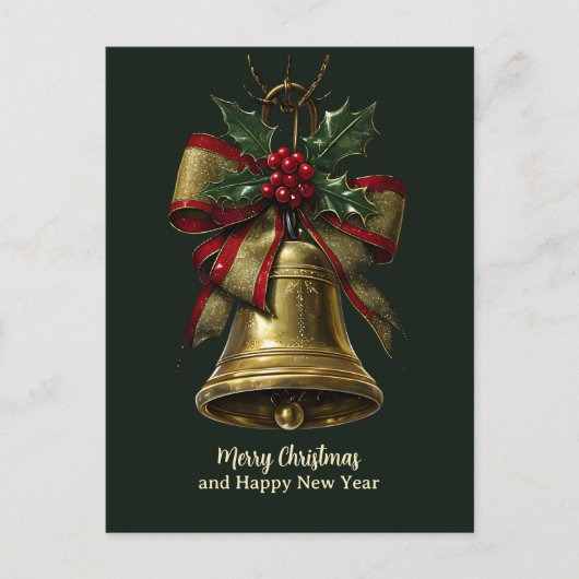 Elegante gouden kerstbel met feestelijke Bow Holly Feestdagenkaart (Voorkant)