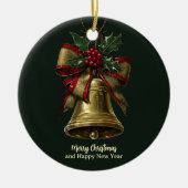 Elegante gouden kerstbel met feestelijke Bow Holly Keramisch Ornament (Voorkant)