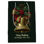 Elegante gouden kerstbel met feestelijke Bow Holly Medium Cadeauzakje (Voorkant)