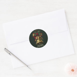 Elegante gouden kerstbel met feestelijke Bow Holly Ronde Sticker