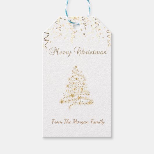 Elegante, gouden kerstboom, confetti cadeaulabel (Voorkant)