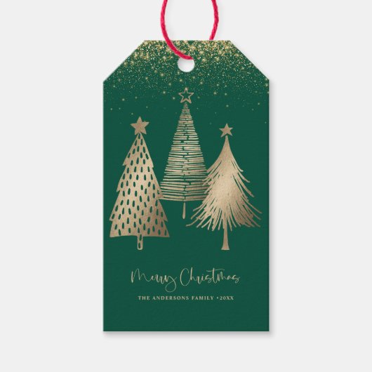 Elegante gouden kerstboom glitter sneeuw cadeaulabel (Voorkant)