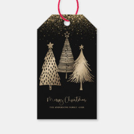 Elegante gouden kerstboom glitter sneeuw cadeaulabel