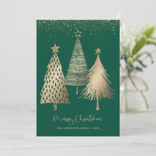 Elegante gouden kerstboom glitter sneeuw feestdagenkaart (Staand voorkant)