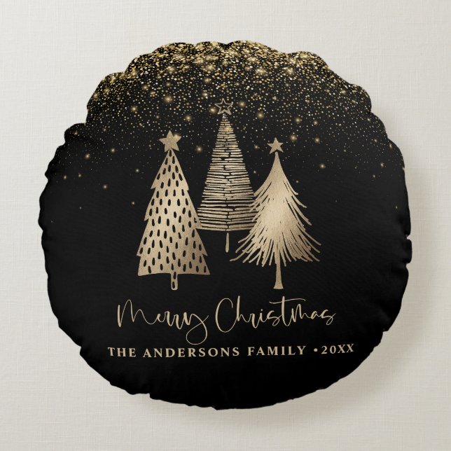Elegante gouden kerstboom glitter sneeuw rond kussen (Voorkant)