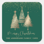 Elegante gouden kerstboom glitter sneeuw vierkante sticker (Voorkant)