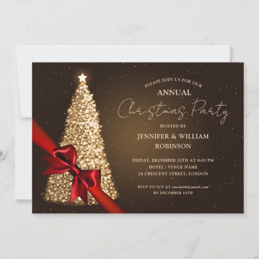 Elegante gouden kerstboom lint vakantie partij kaart (Voorkant)