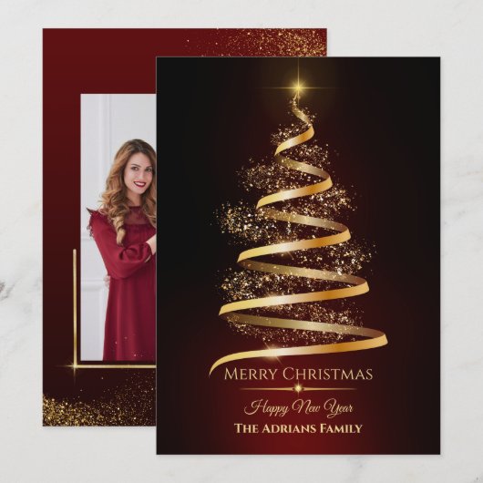 Elegante gouden kerstboom met sprankelend licht feestdagenkaart (Voorkant / Achterkant)