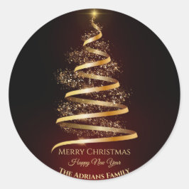 Elegante gouden kerstboom met sprankelend licht ronde sticker