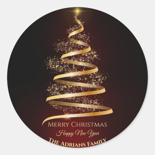Elegante gouden kerstboom met sprankelend licht ronde sticker (Voorkant)