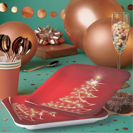 Elegante gouden kerstboom op rood papieren bordje (Multi)