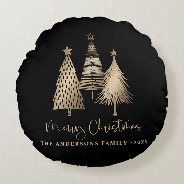 Elegante gouden kerstboom Vrolijk kerstfeest Rond Kussen (Voorkant)