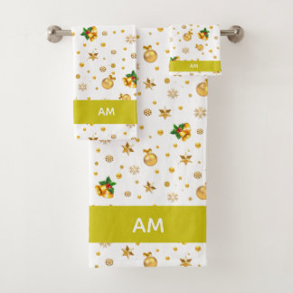 Elegante gouden kersticonen & monogram op wit bad handdoek