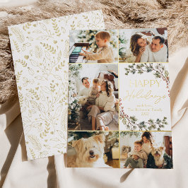 Elegante gouden kerstkaart met 5 foto's en de teks folie feestdagenkaart