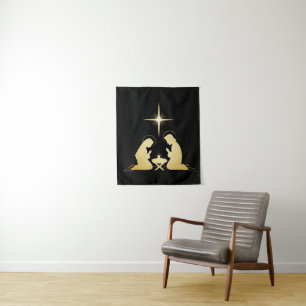 Elegante Gouden Kerststal Modern Christelijk Wandkleed