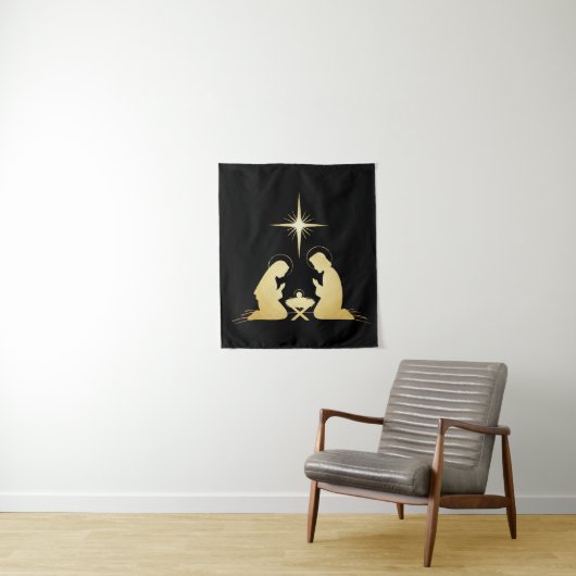 Elegante gouden kerststal | Modern Christelijk Wandkleed (In situ)