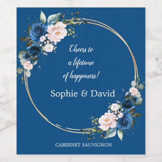 Elegante gouden klasse blauwe roze bloemen bloeien wijn etiket (Enkel label)