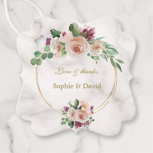 Elegante Gouden Klassiek Blauwe Bloemige Trouw Bedankjes Labels (Voorkant)