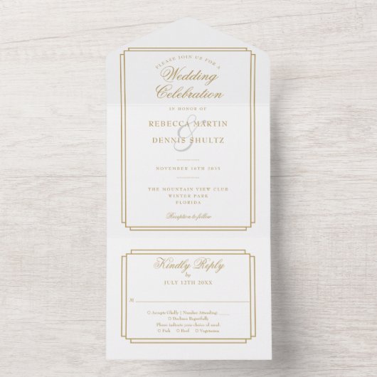 Elegante gouden klassieke deco monogram bruiloft all in one uitnodiging (Binnen)