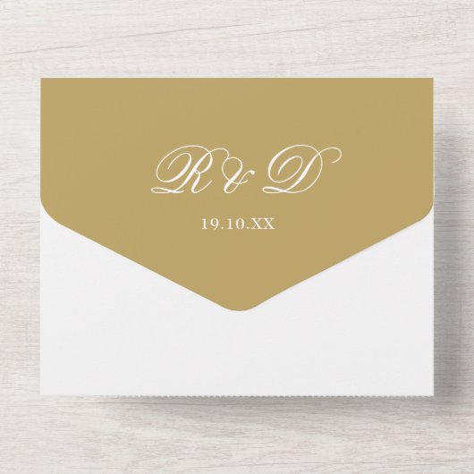 Elegante gouden klassieke deco monogram bruiloft all in one uitnodiging (Achterkant)