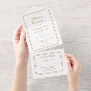 Elegante Gouden Klassieke Deco Monogram Huwelijk All In One Uitnodiging