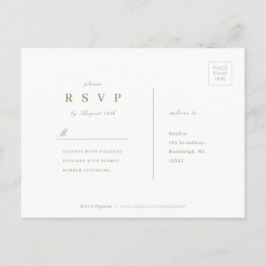 Elegante gouden klassieke minimalistische trouw-RS Uitnodiging Briefkaart (Achterkant)