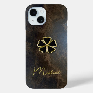 Elegante Gouden Klaver,Leerlook Klaver iPhone 15 Case