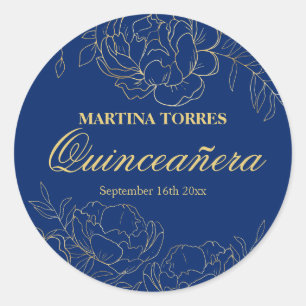 Elegante Gouden Koninklijk Blauwe Bloemige Quincea Ronde Sticker