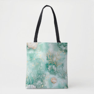 Elegante gouden koraal en zeeschelp Waterverf kuns Tote Bag