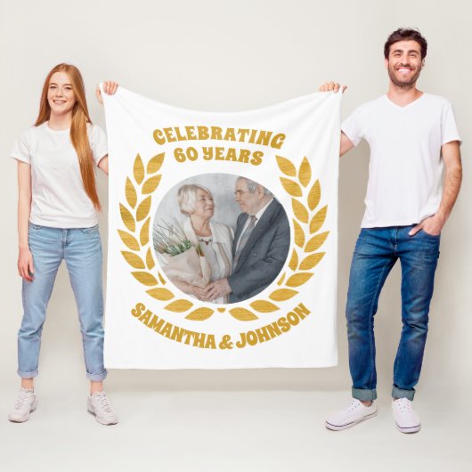 Elegante gouden krans foto 60ste bruiloft Jubileum Fleece Deken (In situ)