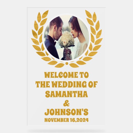 Elegante gouden krans foto bruiloft Welkom Frosted Acryl Bord (Voorkant)