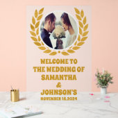 Elegante gouden krans foto bruiloft Welkom Frosted Acryl Bord (Huwelijk)