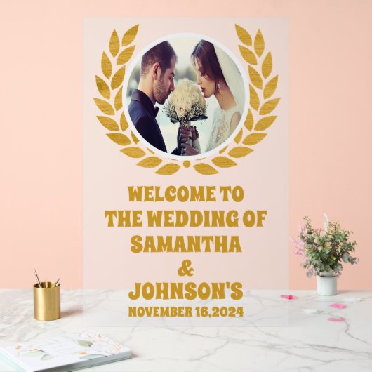 Elegante gouden krans foto bruiloft Welkom Frosted Acryl Bord (Huwelijk)