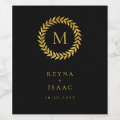 Elegante Gouden Krans Monogram Zwart Wijn Etiket (Enkel label)
