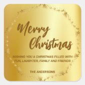 Elegante gouden krans Santa Sled Deer vrolijk Xmas Vierkante Sticker (Voorkant)