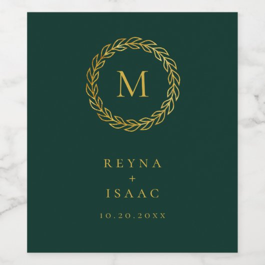 Elegante Gouden Krans Smaragdgroen Monogram Wijn Etiket (Enkel label)