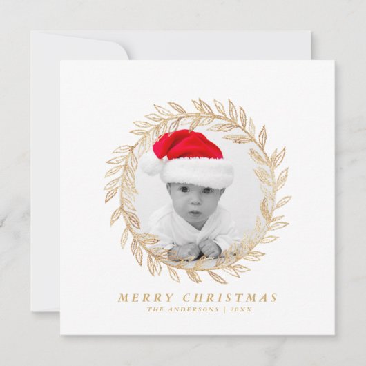 Elegante gouden krans Vrolijke Kerstmis Custom Pho Feestdagenkaart (Voorkant)